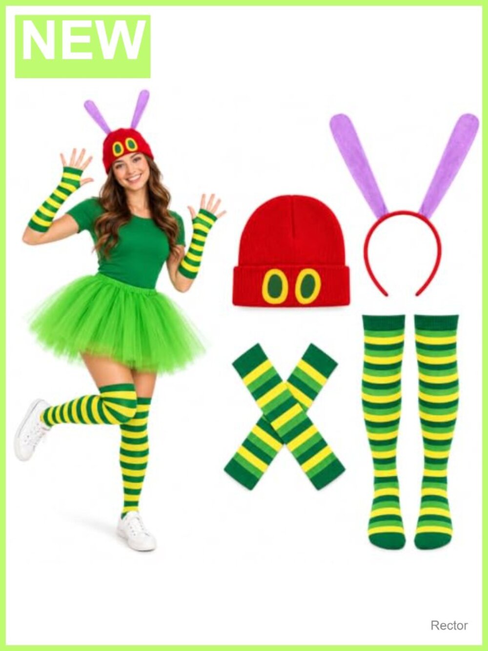 Caterpillar Costume Accessories Set Knit Beanie, Antenna Headband, Arm Warmers,